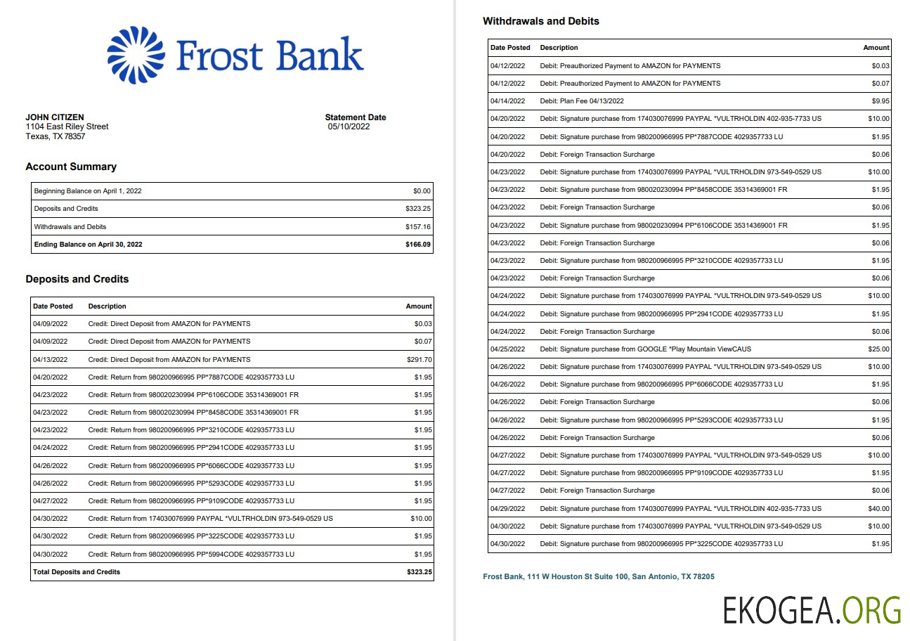Relevé bancaire USA Frost, 2 pages